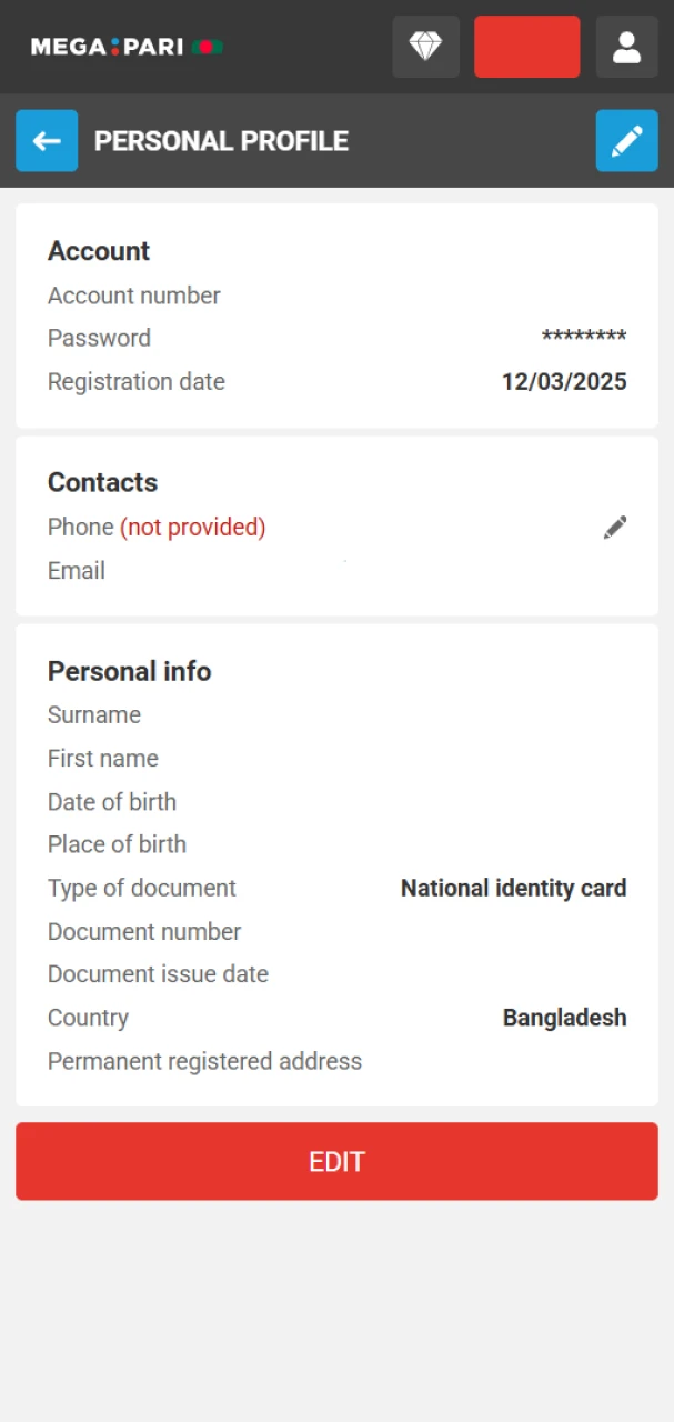 Fill in the required information on the MegaPari platform.