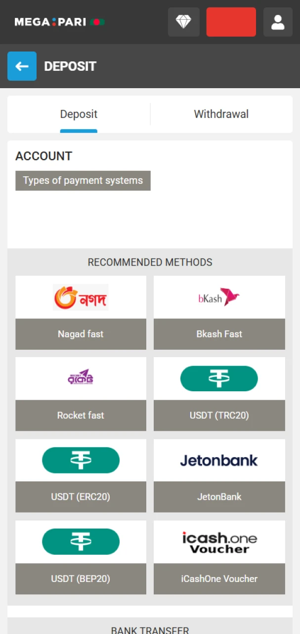 Choose a convenient deposit method at MegaPari.