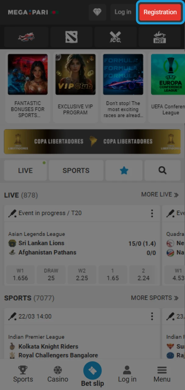 Open the registration form to enter the MegaPari promo code.