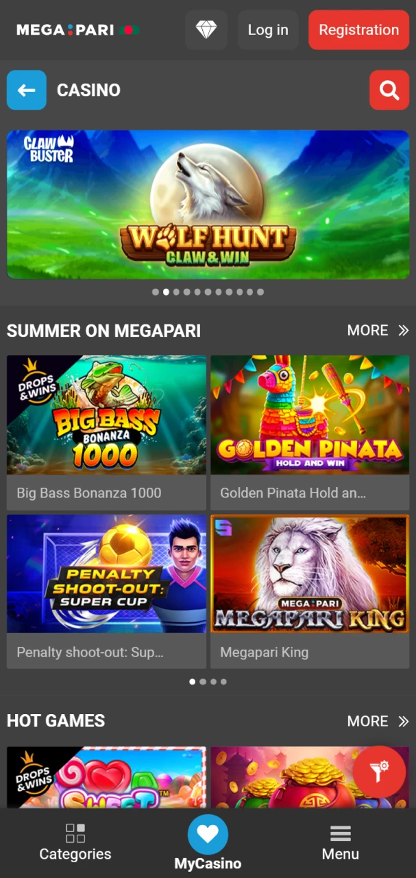 Casino games in the official Megapari app.