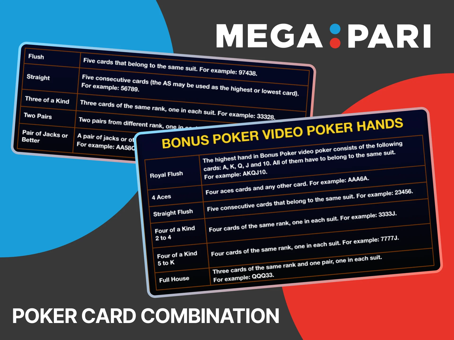 Learn all the key poker card combinations at MegaPari to master the game and increase your winning chances.
